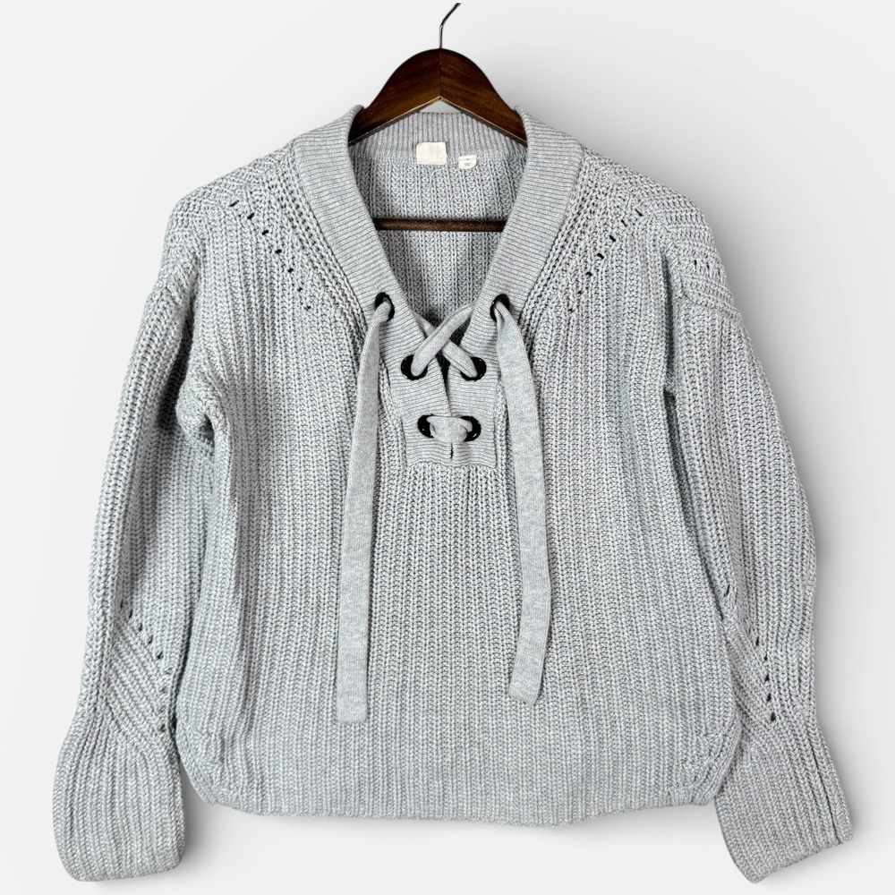 Gap Sweater Womens Medium Gray Lace Up V-Neck Shaker Stitch Cotton Pullover